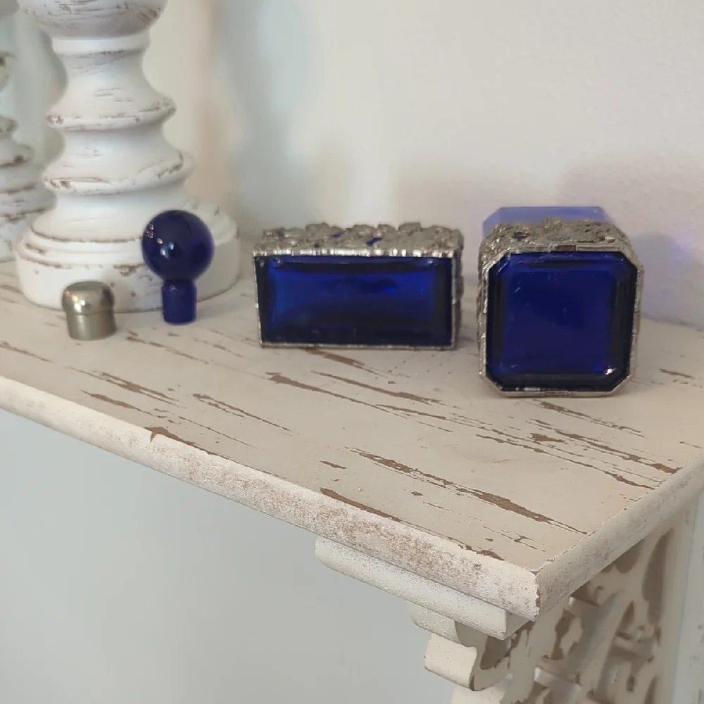 💙 Vintage Cobalt Blue Pewter Refillable Boudoir Perfume Bottles – Set of Two - Picture 3 of 12